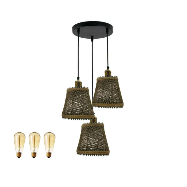 Industrial Rattan Wicker Design Chandelier Ceiling Pendant Light Brown Finish~1416 - Image 9