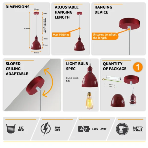 Industrial Vintage Retro adjustable Ceiling various colours Pendant Light with E27 Uk Holder~4033 - Image 69