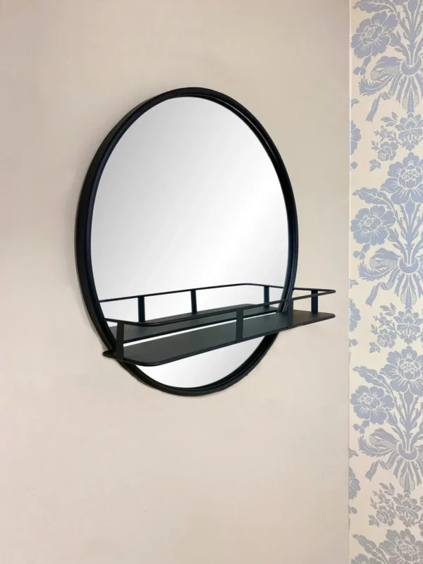 Circular Black Metal Framed Mirror With Shelf - Image 3