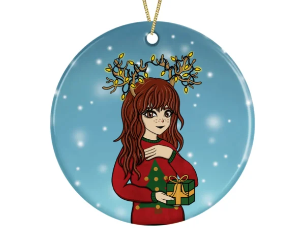 Cute Anime Girl Circle Ceramic Bauble, Christmas Tree Decoration - Image 2