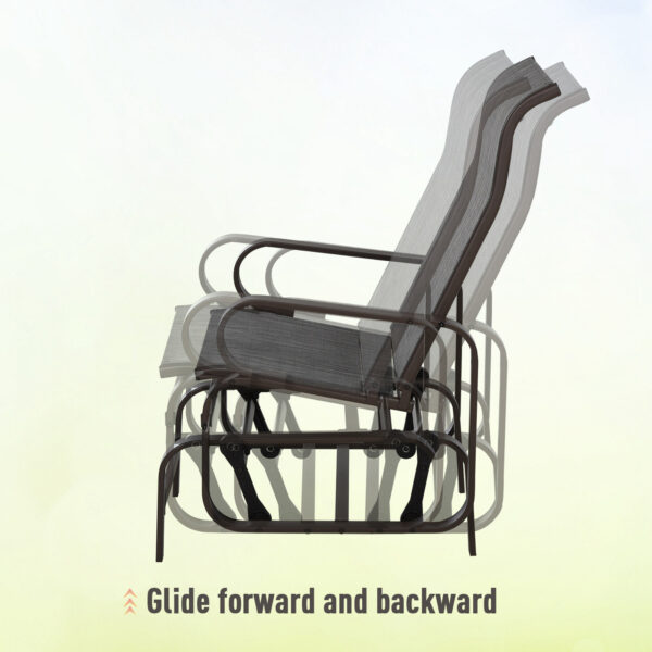 Outsunny 3 Pieces Garden Gliding Chair Set, Metal Frame 2 Single Armchair Swing Seater and 1 Glass Top Coffee Table w/ Breath Mesh Fabric Seat, Brown - Image 5