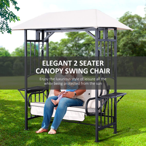 Outsunny Outdoor Garden 2 Seater Canopy Swing Chair Seat Porch Loveseat Vintage Hammock Cushioned Seat w/ and Side Drink Panel - Image 6