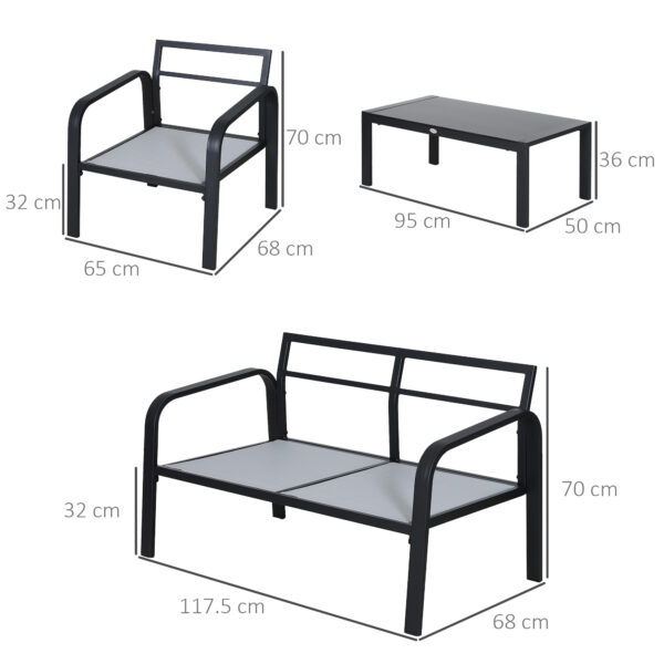 Outsunny 4pcs Garden Sofa Set 2 Single Armchair, 1 Bench & 1 Coffee Table Set Aluminum Frame Patio Furniture with Cushions, Black - Image 2
