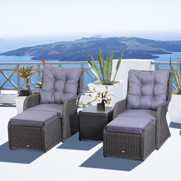Outsunny 5PCS Deluxe Garden Rattan Furniture Sofa Chair & Stool Table Set Patio Wicker Weave Furniture Set Aluminium Frame Fully-assembly - Grey - Image 8