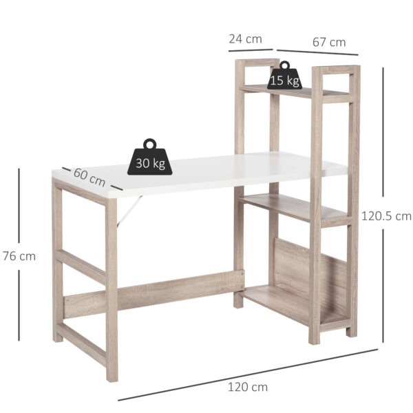 HOMCOM Computer Desk with 3 Tier Storage Shelves on Left or Right, 120cm Writing Table for Home Office, Study, Bedroom, White and Oak - Image 2