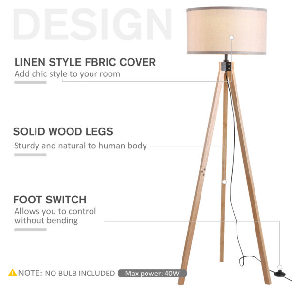 HOMCOM 5FT Elegant Wood Tripod Floor Lamp Free Standing E27 Bulb Lamp Versatile Use For Home Office - Beige - Image 3