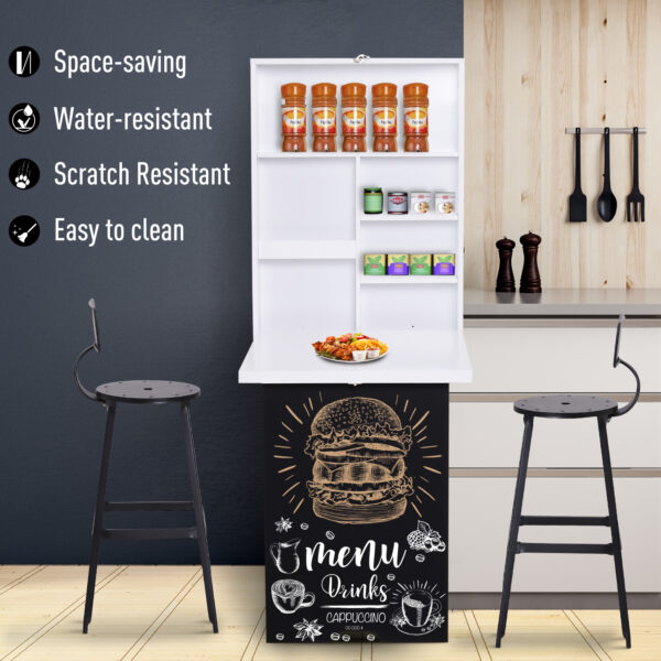 HOMCOM Folding Wall-Mounted Drop-Leaf Table, Convertible Wall Table With Chalkboard and Storage Shelf, Multifunctional Floating Desk for Home Office, White - Image 3