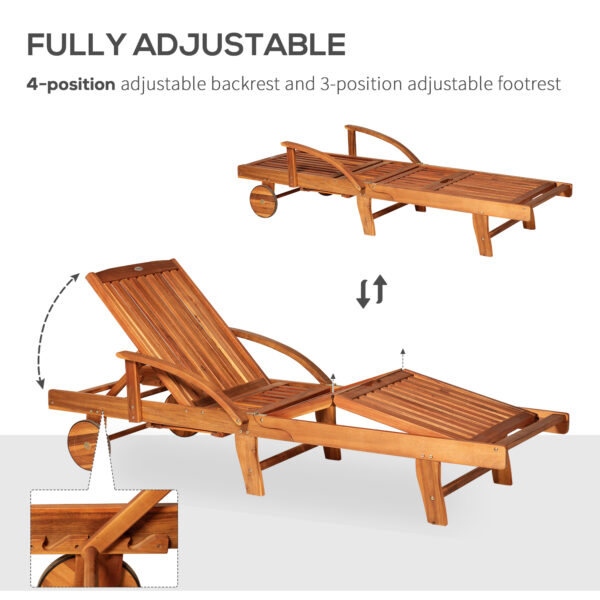 Outsunny Outdoor Garden Patio Wooden Sun Lounger Foldable Recliner Deck Chair Day Bed Furniture with Wheels - Image 4