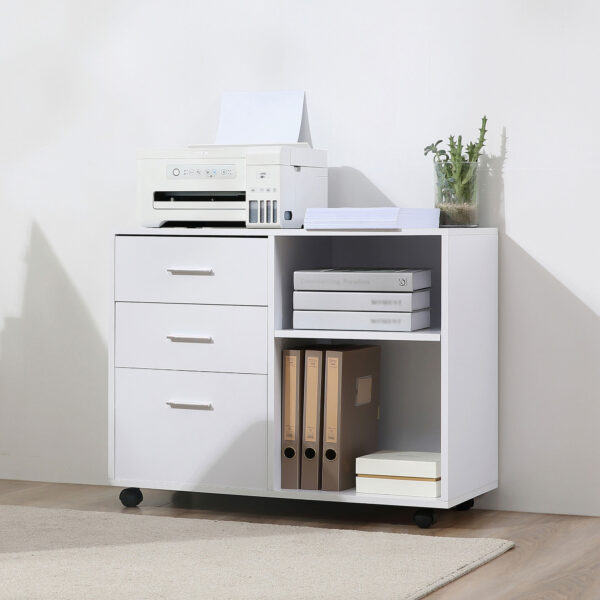 HOMCOM Freestanding Printer Stand Unit Office Desk Side Mobile Storage w/ Wheels 3 Drawers, 2 Open Shelves Modern Style 80L x 40W x 65H cm - White - Image 6