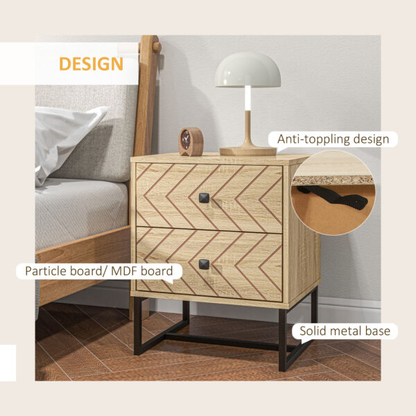 HOMCOM Bedside Table Nightstand Two-Drawer Bedroom Storage Unit Zig Zag Design with Black Metal Handles, Natural - Image 5