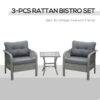 Outsunny 3 Pieces Rattan Bistro Set, Wicker Garden Furniture Set with Glass Top Coffee Table and Chairs, Thickened Cushions for Outdoor, Patio, Balcony, Grey - Image 3