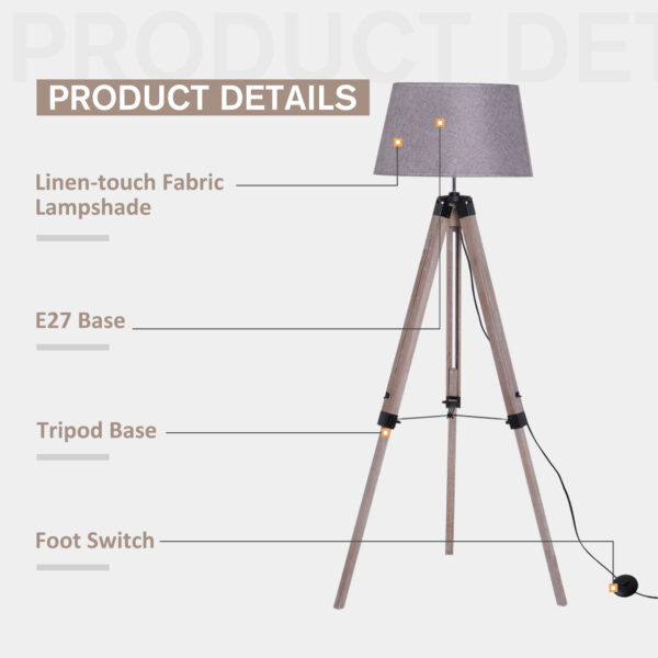 HOMCOM Tripod Floor Lamps for Living Room Bedroom, Modern Adjustable Standing Lamp with Wood Legs, Drum Fabric Shade, 99-143cm, Grey - Image 4