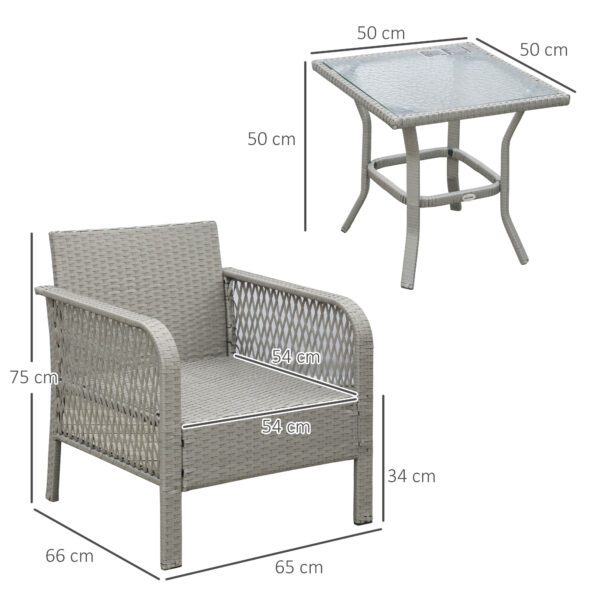 Outsunny 3 Pieces Rattan Bistro Set, Wicker Garden Furniture Set with Glass Top Coffee Table and Chairs, Thickened Cushions for Outdoor, Patio, Balcony, Grey - Image 2