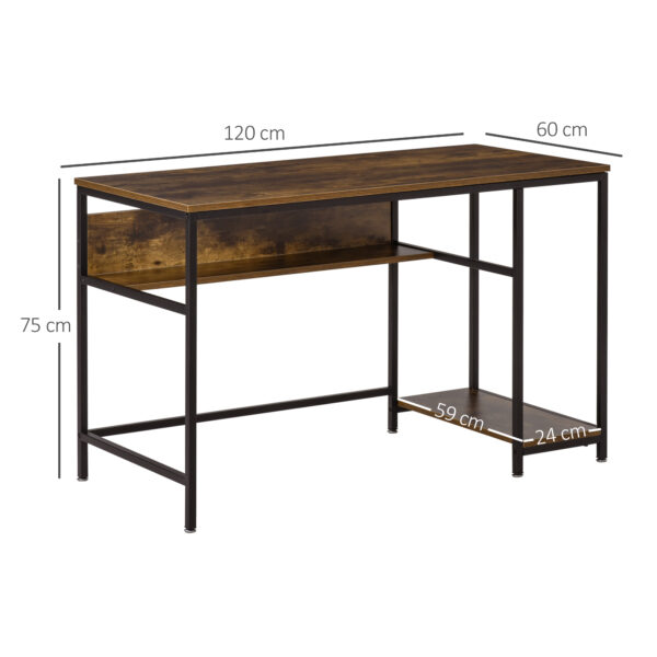 HOMCOM Computer Desk with Storage, 120 x 60cm Home Office Desk with 2 Shelves and Steel Frame, Writing Table for Living Room, Study, Rustic Brown - Image 2