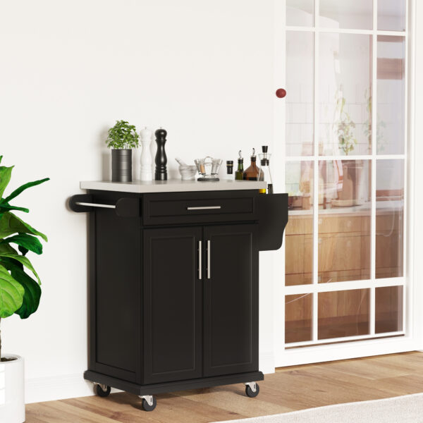 HOMCOM Wooden Kitchen Island on Wheels, Serving Cart Storage Trolley with Stainless Steel Top, Drawer, Side Handle and Rack, Black - Image 6