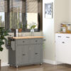 HOMCOM Rolling Kitchen Island Storage Trolley with Rubber Wood Top & Drawers for Dining Room, Grey