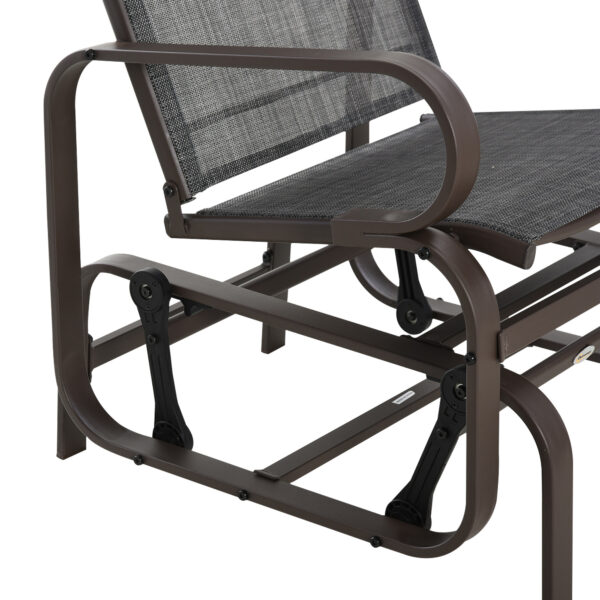 Outsunny 3 Pieces Garden Gliding Chair Set, Metal Frame 2 Single Armchair Swing Seater and 1 Glass Top Coffee Table w/ Breath Mesh Fabric Seat, Brown - Image 7