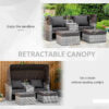 Outsunny 2-Seater Outdoor Rattan Daybed Sofa Footstool Coffee Table Set w/ Canopy, Cushion - Image 4
