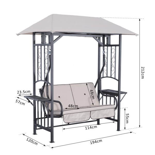 Outsunny Outdoor Garden 2 Seater Canopy Swing Chair Seat Porch Loveseat Vintage Hammock Cushioned Seat w/ and Side Drink Panel - Image 2