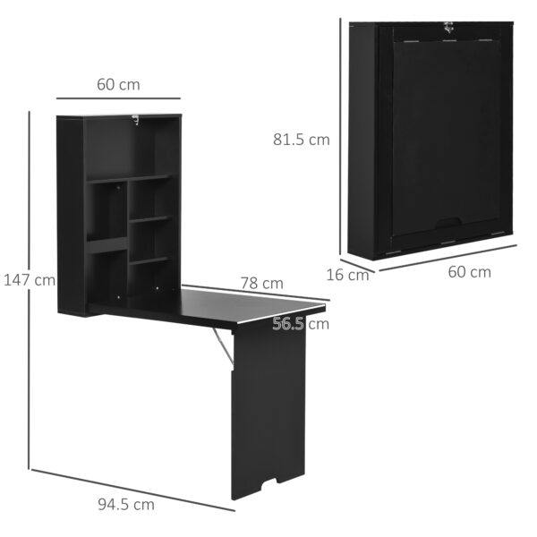 HOMCOM Folding Wall-Mounted Drop-Leaf Table, Convertible Wall Table With Chalkboard and Storage Shelf, Multifunctional Floating Desk for Home Office, Black - Image 2
