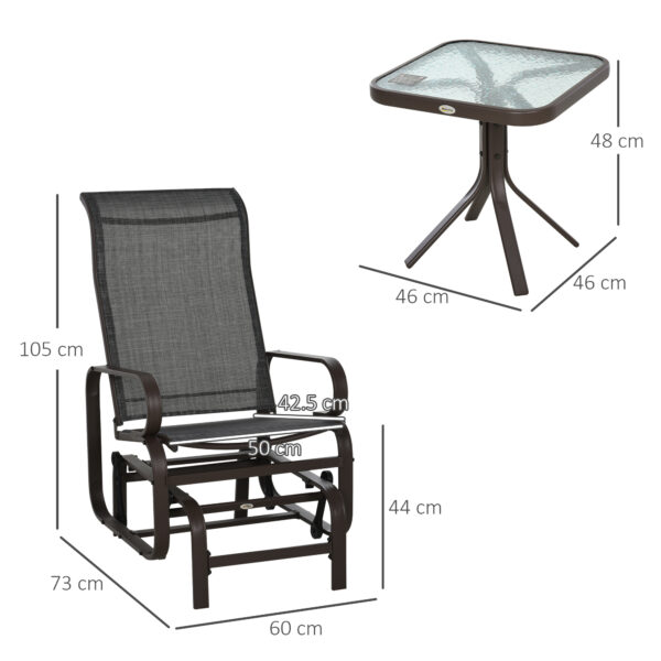 Outsunny 3 Pieces Garden Gliding Chair Set, Metal Frame 2 Single Armchair Swing Seater and 1 Glass Top Coffee Table w/ Breath Mesh Fabric Seat, Brown - Image 2