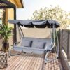 Outsunny 2-in-1 Garden Swing Seat Bed, 3 Seater Convertible Swing Chair Bench with Tilting Canopy, Cushioned Seat and 2 Pillows for Patio, Yard, Grey