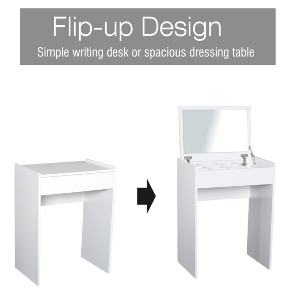 HOMCOM Dressing Table with Mirror and Stool, Vanity Makeup Table with Flip Up Mirror, Vanity Desk with Storage Unit and Padded Seat, White - Image 3