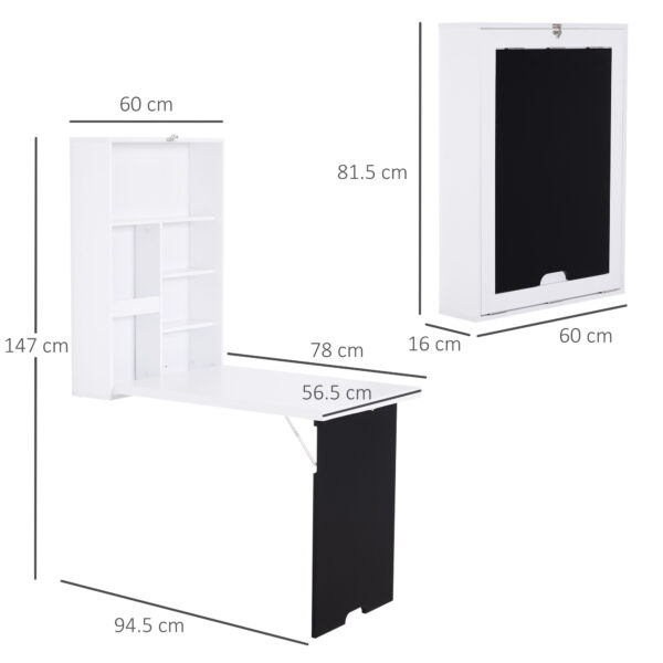 HOMCOM Folding Wall-Mounted Drop-Leaf Table, Convertible Wall Table With Chalkboard and Storage Shelf, Multifunctional Floating Desk for Home Office, White - Image 2