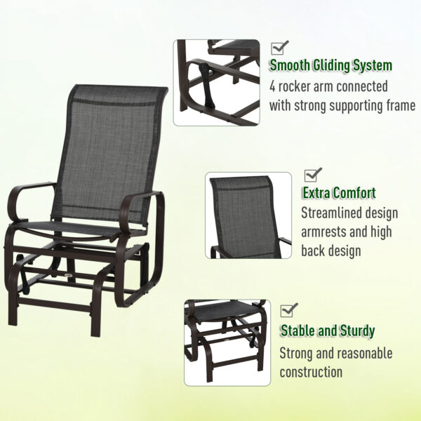 Outsunny 3 Pieces Garden Gliding Chair Set, Metal Frame 2 Single Armchair Swing Seater and 1 Glass Top Coffee Table w/ Breath Mesh Fabric Seat, Brown - Image 4