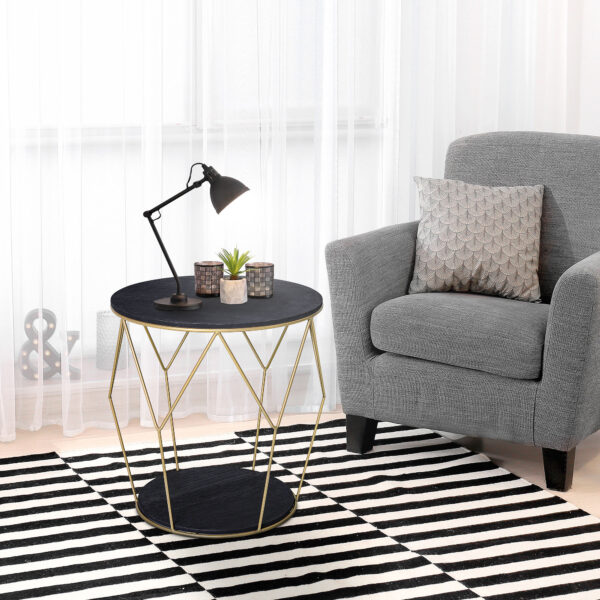 HOMCOM Round Coffee Table with Storage, Modern Sofa Side Table with Metal Frame, End Table for Bedroom, Living Room, Black and Gold, 45 x 45 x 48 cm