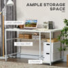 HOMCOM Computer Desk with Storage, 120 x 60cm Home Office Desk with 2 Shelves and Steel Frame, Writing Table for Living Room, Study, White - Image 3