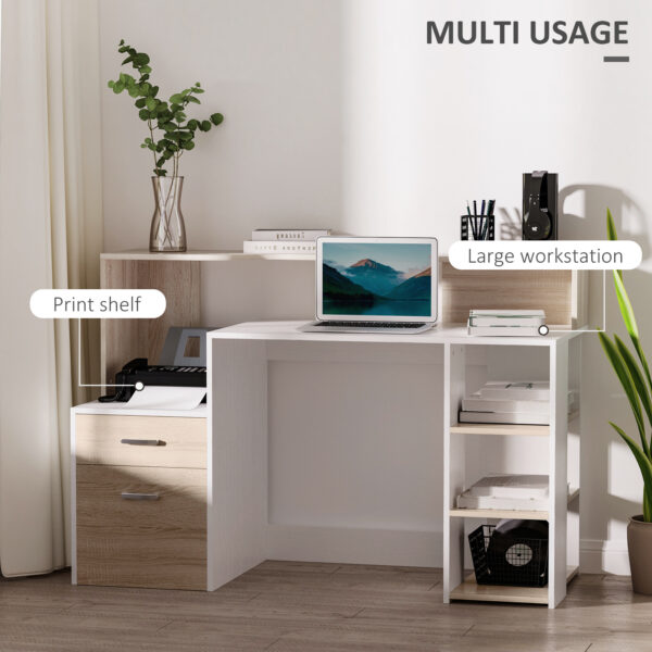 HOMCOM Computer Desk with Drawers and Storage Shelves, Reception Desk, Study Workstation for Home Office, 137 x 55 x 92cm, Oak and White - Image 3