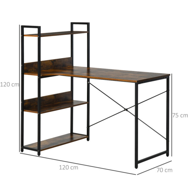 HOMCOM Computer Desk with 4-Tier Storage Shelf, Study Table, Home Office Desk with Bookshelf and Metal Frame, 120 x 70 x 120cm, Brown - Image 2