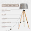 HOMCOM Tripod Floor Lamp Wooden Adjustable Modern Illumination Design E27 Bulb Compatible (Grey Shade) 99-143H - Image 5