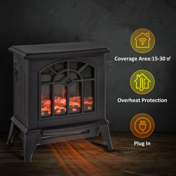 HOMCOM 1000W/2000W Freestanding Electrical Fireplace Indoor Heater Stove Log Wood LED Burning Effect Flame with Thermostat Control Black - Image 3