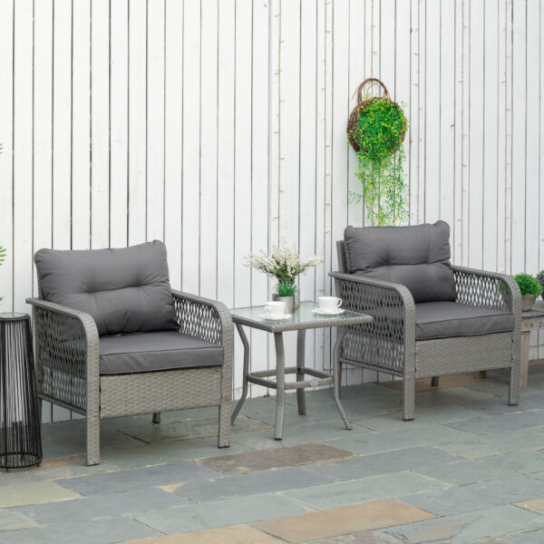 Outsunny 3 Pieces Rattan Bistro Set, Wicker Garden Furniture Set with Glass Top Coffee Table and Chairs, Thickened Cushions for Outdoor, Patio, Balcony, Grey