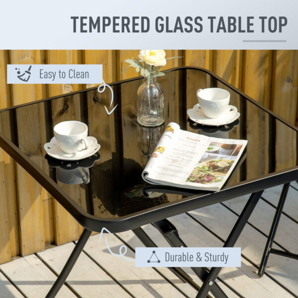 Outsunny 3 Pieces Garden Bistro Set, Folding Patio Table with Glass Table Top and 2 Chairs, Outdoor Furniture Set for Garden and Porch, Black - Image 4