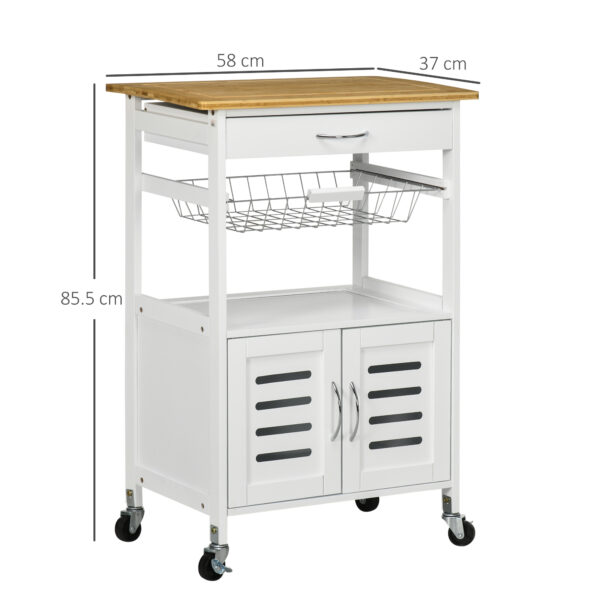 HOMCOM Rolling Kitchen Island Trolley Utility Cart on Wheels with Bamboo Table Top, Storage Cabinet, Drawer and Wire Basket - Image 2