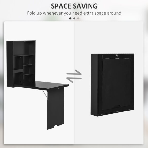 HOMCOM Folding Wall-Mounted Drop-Leaf Table, Convertible Wall Table With Chalkboard and Storage Shelf, Multifunctional Floating Desk for Home Office, Black - Image 5