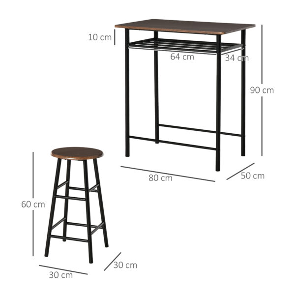 HOMCOM Bar Table Set, Bar Table and Stools Set, Footrest and Storage Shelf, for Kitchen, Dining Room, Pub, Cafe, Black and Oak - Image 2