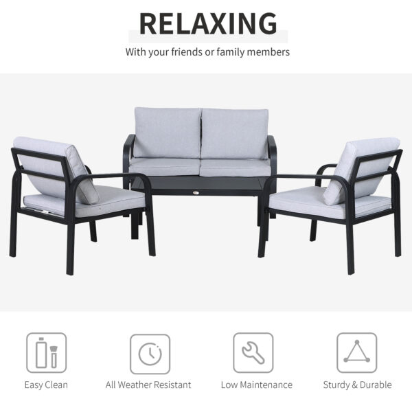 Outsunny 4pcs Garden Sofa Set 2 Single Armchair, 1 Bench & 1 Coffee Table Set Aluminum Frame Patio Furniture with Cushions, Black - Image 4
