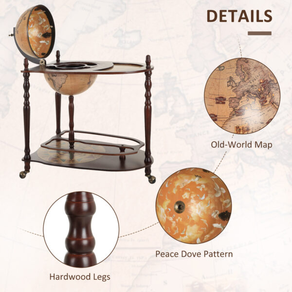 HOMCOM Globe Wine Bar Cart, Vintage Drinks Cabinet, Wine Container Minibar Storage Trolley Table with Bottle Glass Holder - Image 5