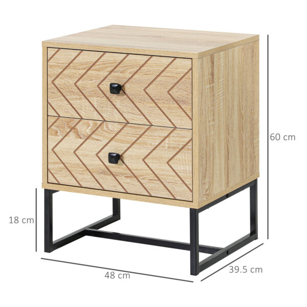 HOMCOM Bedside Table Nightstand Two-Drawer Bedroom Storage Unit Zig Zag Design with Black Metal Handles, Natural - Image 2