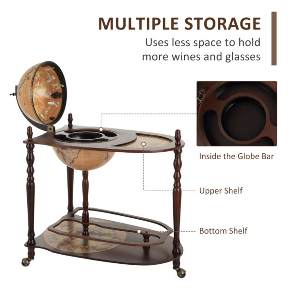 HOMCOM Globe Wine Bar Cart, Vintage Drinks Cabinet, Wine Container Minibar Storage Trolley Table with Bottle Glass Holder - Image 4