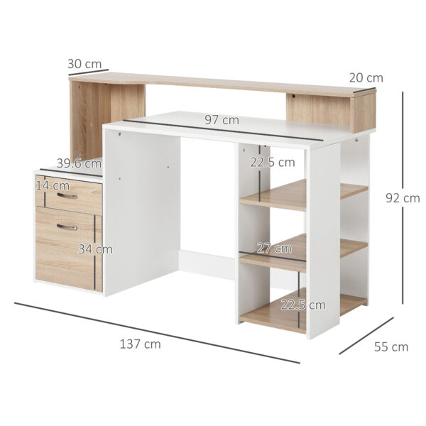 HOMCOM Computer Desk with Drawers and Storage Shelves, Reception Desk, Study Workstation for Home Office, 137 x 55 x 92cm, Oak and White - Image 2