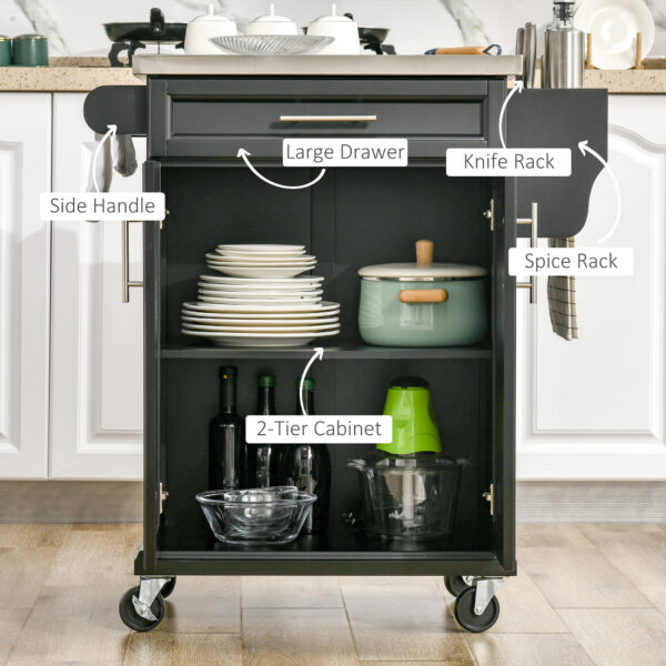 HOMCOM Wooden Kitchen Island on Wheels, Serving Cart Storage Trolley with Stainless Steel Top, Drawer, Side Handle and Rack, Black - Image 3