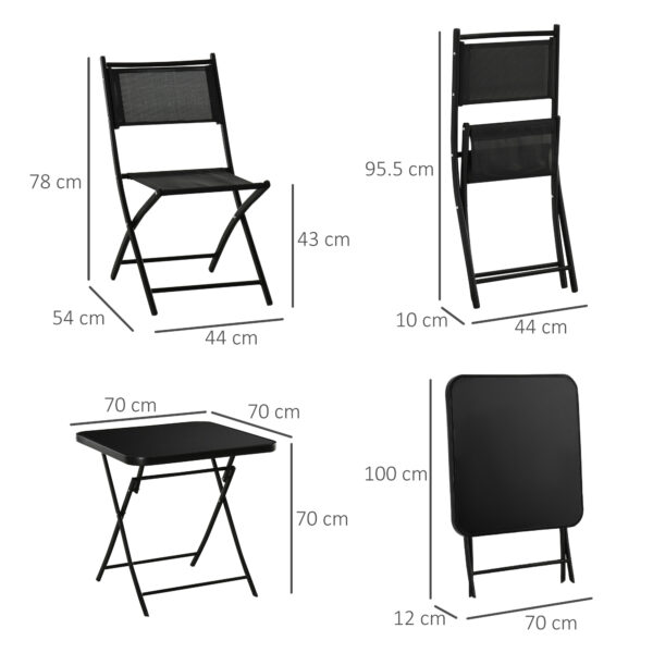Outsunny 3 Pieces Garden Bistro Set, Folding Patio Table with Glass Table Top and 2 Chairs, Outdoor Furniture Set for Garden and Porch, Black - Image 2