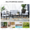 Outsunny 4pcs Garden Sofa Set 2 Single Armchair, 1 Bench & 1 Coffee Table Set Aluminum Frame Patio Furniture with Cushions, Black - Image 3