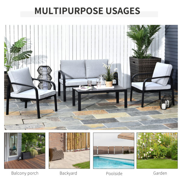 Outsunny 4pcs Garden Sofa Set 2 Single Armchair, 1 Bench & 1 Coffee Table Set Aluminum Frame Patio Furniture with Cushions, Black - Image 3