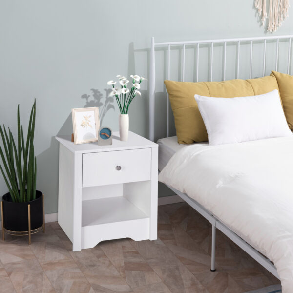 HOMCOM Modern Bedside Table, Nightstand with Drawer Shelf, End Table for Living room, Bedroom White - Image 5